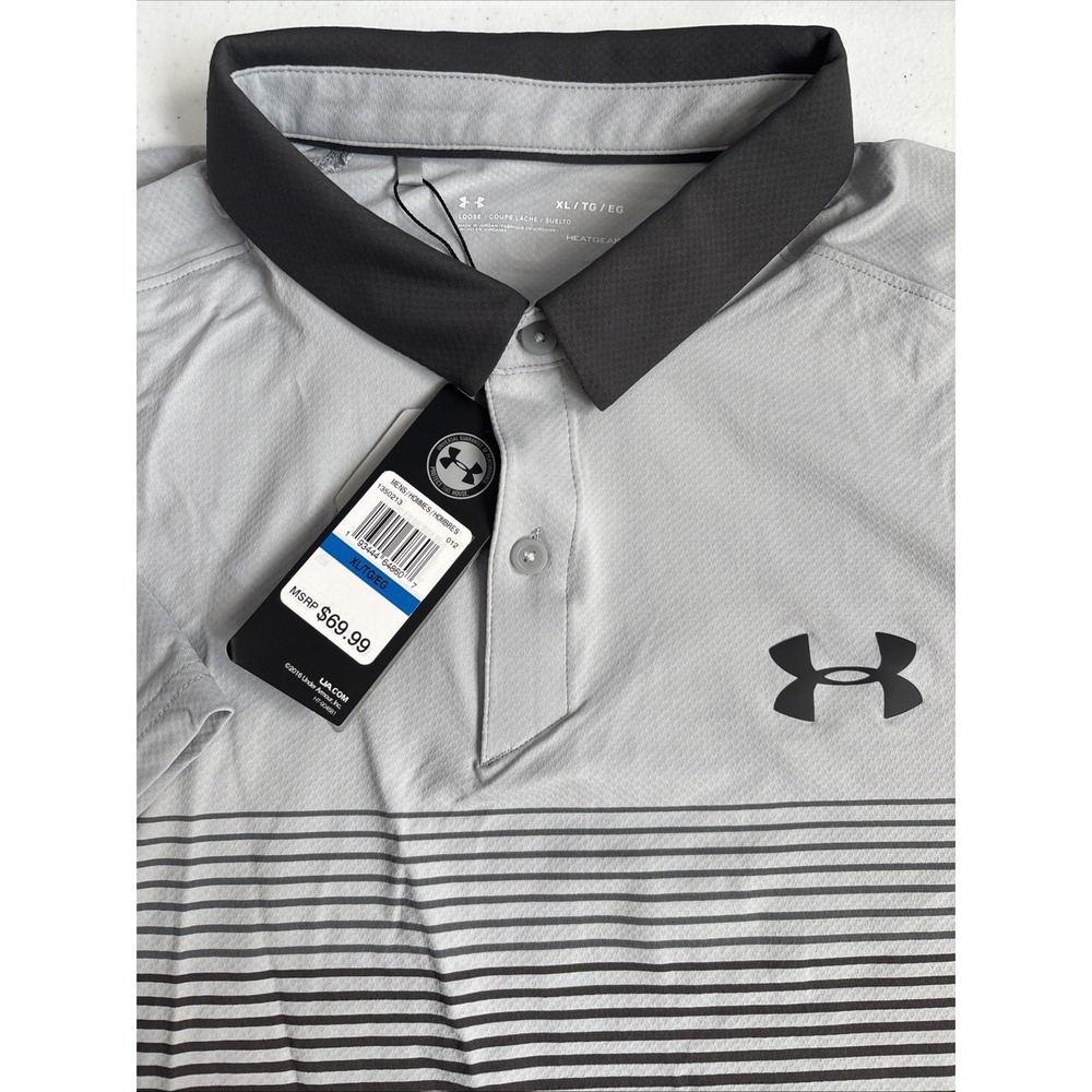 Under Armour Men's XL NWT Loose Gray Black‎ Heatgear ISO-Chill Striped Golf Polo